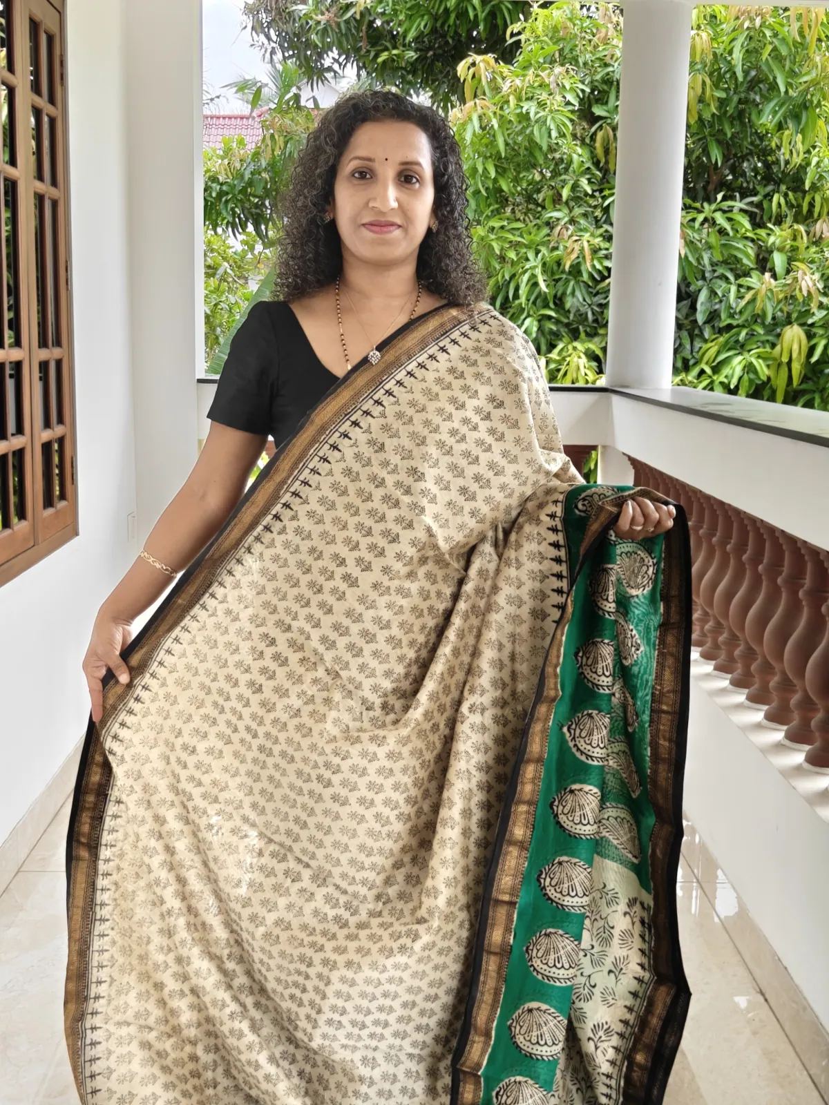 Maheswari Silk Saree Cream and Green Border
